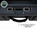 Image of hard-shell storage dry box handle detail with heavy-duty ballistic nylon handles and rubber grips, dark gray rugged plastic construction shown in close-up front view on white background.