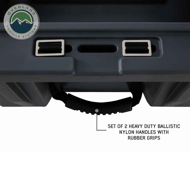 Image of hard-shell storage dry box handle detail with heavy-duty ballistic nylon handles and rubber grips, dark gray rugged plastic construction shown in close-up front view on white background.