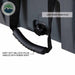 Image of hard-shell storage dry box side detail with leak-proof drain plug and heavy-duty ballistic nylon handle with rubber grip, dark gray rugged plastic construction shown in close-up angled view on white background.