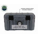 Image of rugged hard-shell storage dry box with exterior strength ridges and stainless steel locking latches, dark gray plastic construction shown in front view on white background.