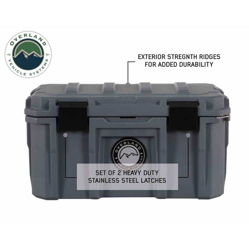 Image of rugged hard-shell storage dry box with exterior strength ridges and stainless steel locking latches, dark gray plastic construction shown in front view on white background.