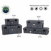Image of rugged hard-shell storage dry boxes in multiple sizes with weatherproof construction, dark gray plastic cases stacked and labeled by capacity on white background.