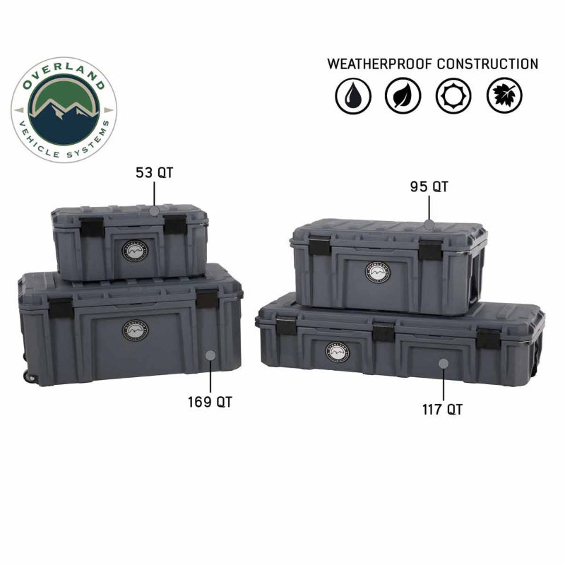 Image of rugged hard-shell storage dry boxes in multiple sizes with weatherproof construction, dark gray plastic cases stacked and labeled by capacity on white background.