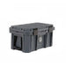 Image of rugged hard-shell storage dry box with locking lid and side handles, dark gray plastic construction shown in angled front and side view on white background.