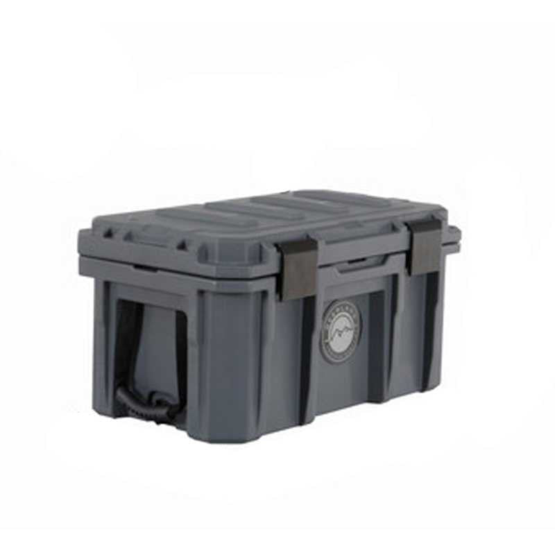 Image of rugged hard-shell storage dry box with locking lid and side handles, dark gray plastic construction shown in angled front and side view on white background.
