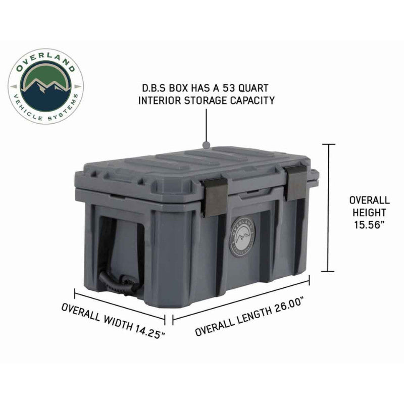 Image of rugged 53-quart hard-shell storage dry box with labeled dimensions, dark gray plastic construction with locking lid shown in angled front and side view on white background.
