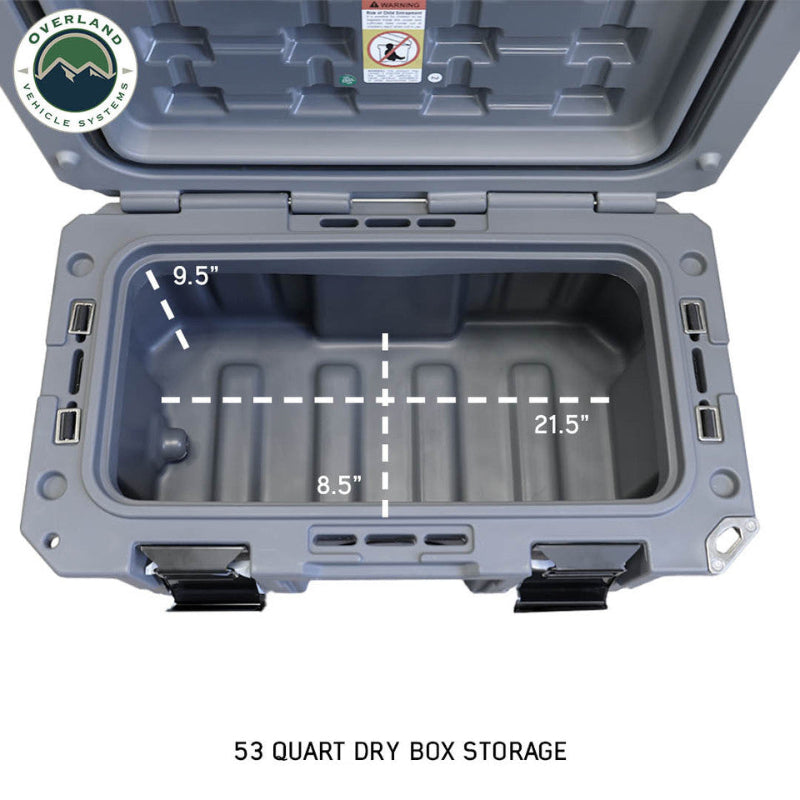 Image of 53-quart hard-shell storage dry box with lid open showing interior dimensions, dark gray molded plastic construction viewed from top-down angle on white background.
