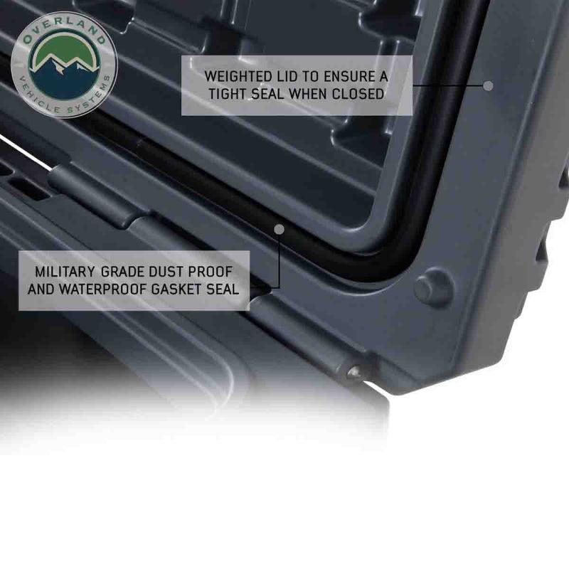 Image of hard-shell storage dry box lid and gasket seal detail, showing weighted lid and waterproof dustproof rubber gasket on dark gray plastic construction, close-up angled view on white background.