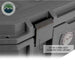 Image of hard-shell storage dry box latch detail with heavy-duty stainless steel locking latch, dark gray rugged plastic construction shown in close-up angled view on white background.