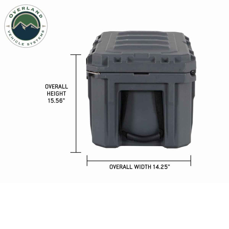 Image of rugged hard-shell storage dry box with labeled height and width dimensions, dark gray plastic construction with molded lid and side handle shown in front view on white background.