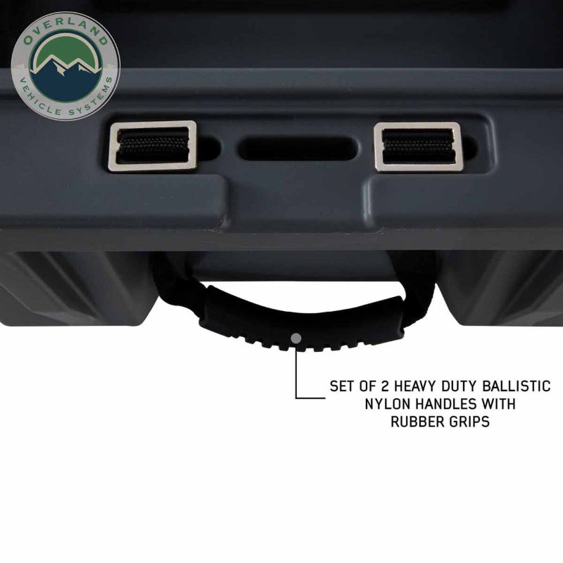 Image of dry box underside showing set of two heavy-duty ballistic nylon carry handles with rubber grips on dark gray storage box, close-up bottom view on white background.
