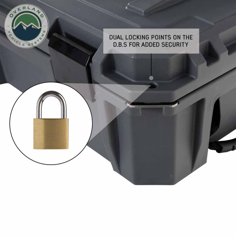 Image of dark gray dry storage box corner highlighting dual locking points for added security with padlock compatibility, close-up angled top and side view on white background.