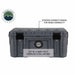 Image of dark gray dry storage box featuring exterior strength ridges and dual stainless steel latches, front-facing view with rugged design details on white background.