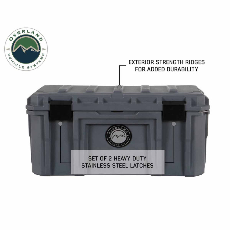 Image of dark gray dry storage box featuring exterior strength ridges and dual stainless steel latches, front-facing view with rugged design details on white background.