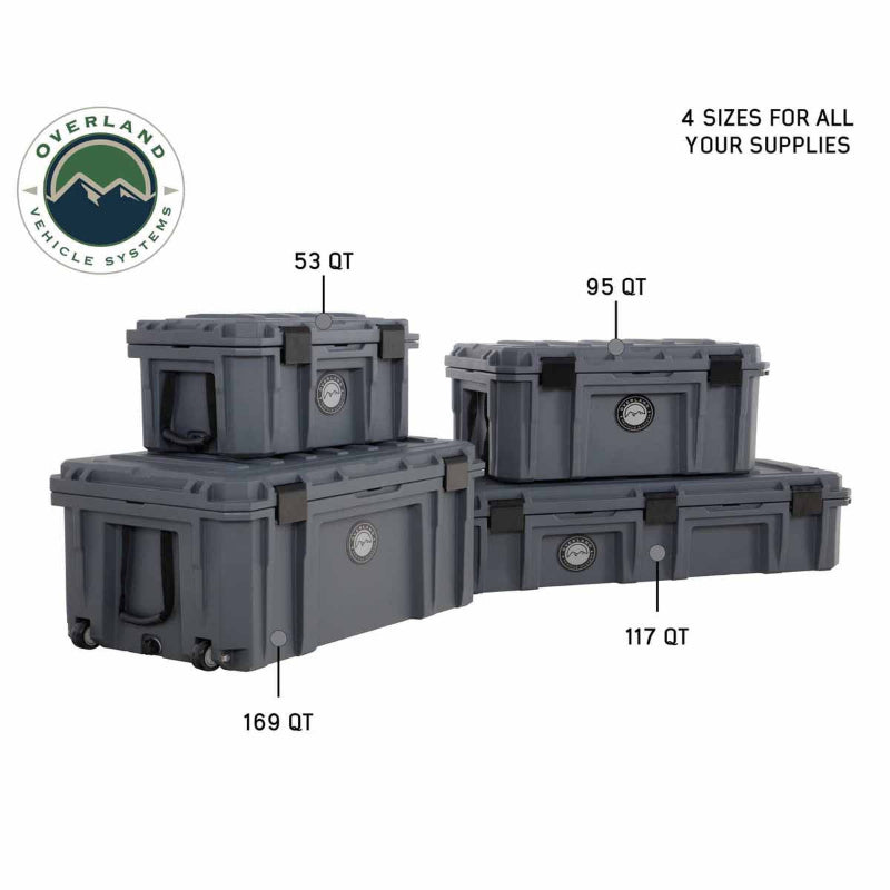 Image of multiple dark gray dry storage boxes displayed in four sizes (53 QT, 95 QT, 117 QT, 169 QT), stacked and arranged for comparison with angled front and side views on white background.