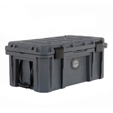 Image of heavy-duty weatherproof storage dry box in dark gray with locking latches and side handles, shown in angled front and side view on white background.