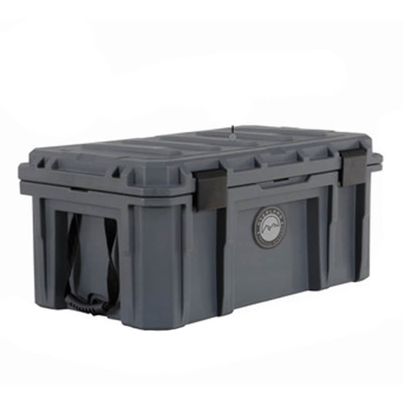 Image of heavy-duty weatherproof storage dry box in dark gray with locking latches and side handles, shown in angled front and side view on white background.