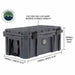 Image of 95-quart weatherproof storage dry box in dark gray with dimension callouts, locking latches and side handles, shown in angled front and side view on white background.