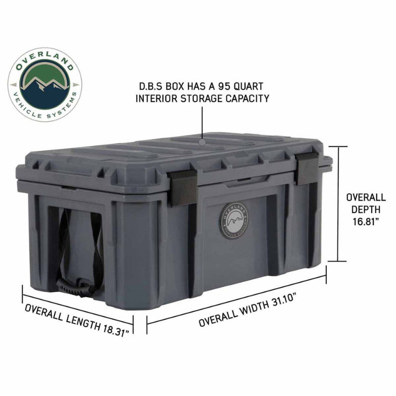Image of 95-quart weatherproof storage dry box in dark gray with dimension callouts, locking latches and side handles, shown in angled front and side view on white background.