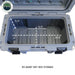 Image of 95-quart dry box storage with lid open showing interior capacity and measurement guides, dark gray molded construction, top-down interior view on white background.