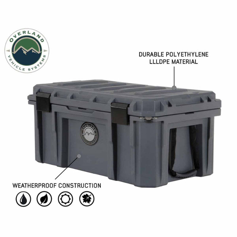 Image of 95-quart dry box with weatherproof polyethylene construction, dark gray finish, molded lid with strength ridges and side carry handles, angled front and side view on white background.