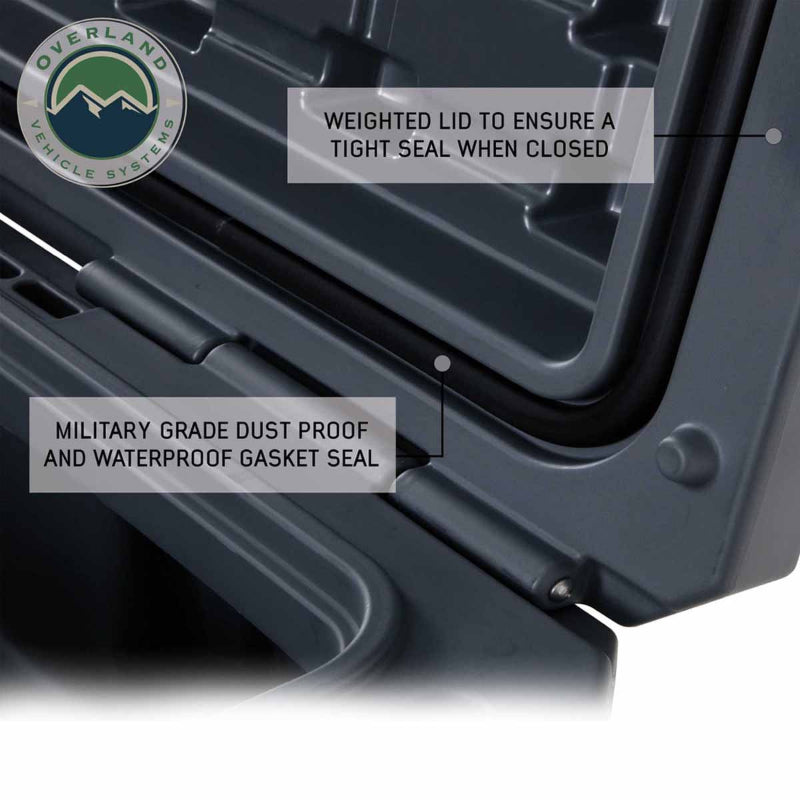 Image of dry box lid detail showing weighted lid and military-grade dustproof and waterproof gasket seal, dark gray finish, close-up angled view on white background.