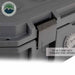 Image of dry box stainless steel latch detail showing heavy-duty locking hardware on dark gray storage box, close-up angled side view on white background.