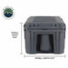 Image of 95-quart dry storage box front view showing molded handle and overall height and length dimensions on a dark gray box against a white background.