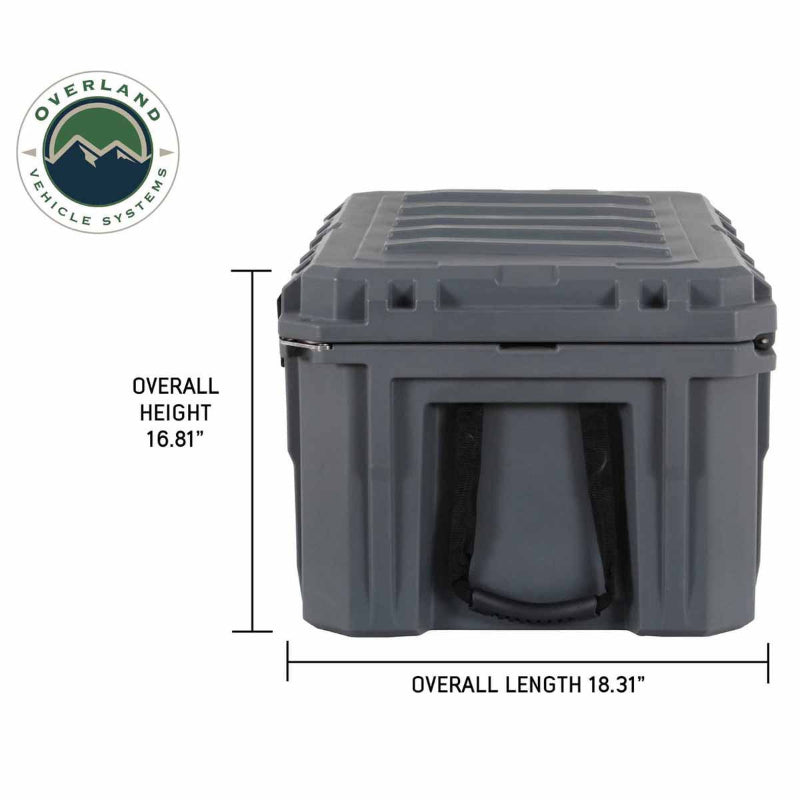 Image of 95-quart dry storage box front view showing molded handle and overall height and length dimensions on a dark gray box against a white background.