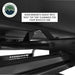 Image of Overland Vehicle Systems roof rack showing riser brackets designed to assist with rooftop tent clearance for the vehicle’s cab, close-up view with a text overlay highlighting the feature