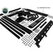 Image of Overland Vehicle Systems roof rack hardware kit, featuring various black metal components, brackets, and bolts, with a text overlay stating "All hardware included" on white background