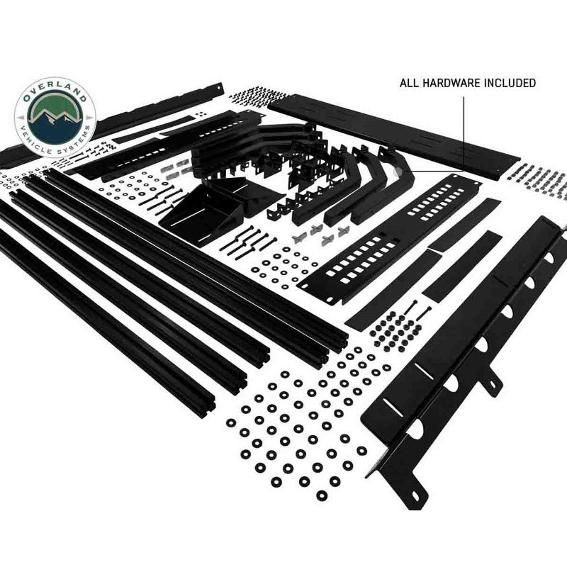 Image of Overland Vehicle Systems roof rack hardware kit, featuring various black metal components, brackets, and bolts, with a text overlay stating "All hardware included" on white background