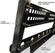 Image of Overland Vehicle Systems roof rack with close-up view of mounting hardware, featuring 2-stage powder coat finish, marine-grade stainless steel hardware, and no-drill installation, with text overlays highlighting these features