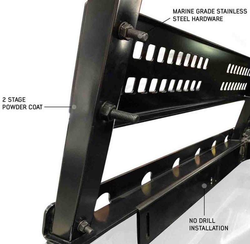 Image of Overland Vehicle Systems roof rack with close-up view of mounting hardware, featuring 2-stage powder coat finish, marine-grade stainless steel hardware, and no-drill installation, with text overlays highlighting these features