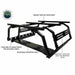 Image of Overland Vehicle Systems roof rack with square tubular crossbars, adjustable mounting shelf, truck bed tie-down points for securing cargo, and mounting plates with MOLLE-PAL mounting holes, side view with text overlays highlighting key features