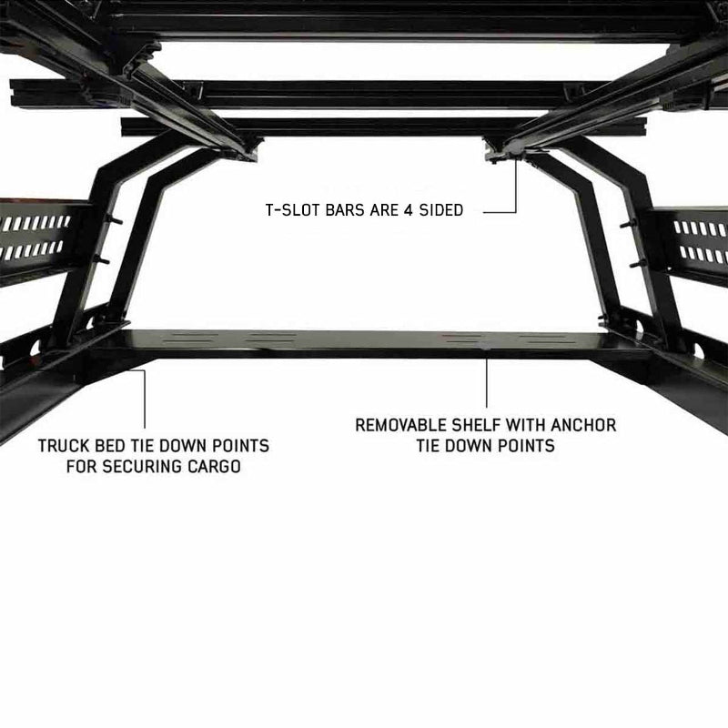 Image of Overland Vehicle Systems roof rack with T-slot bars, removable shelf with anchor tie-down points, and truck bed tie-down points for securing cargo, side view with text overlays highlighting key features