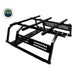 Image of Overland Vehicle Systems roof rack with 60" length crossbars, black metal frame, and perforated accessory plates, angled front and side view on white background
