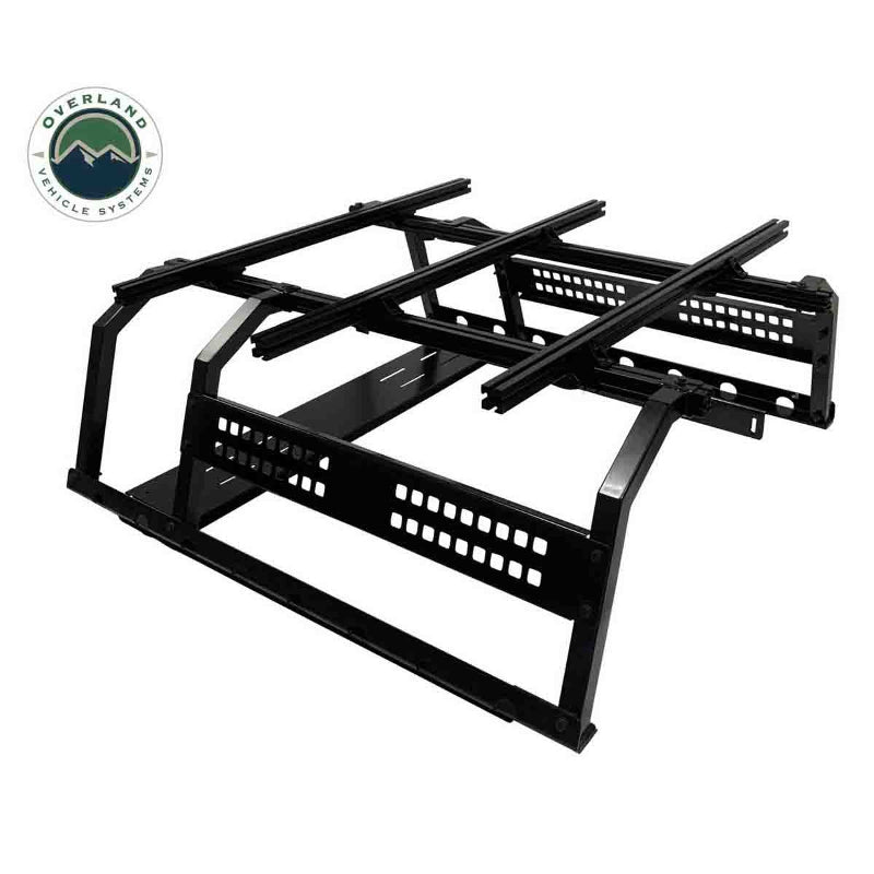 Image of Overland Vehicle Systems roof rack with 60" length crossbars, black metal frame, and perforated accessory plates, angled front and side view on white background