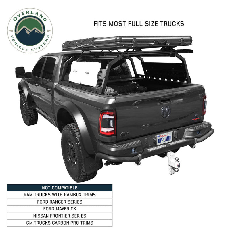 Image of Overland Vehicle Systems roof rack mounted on a full-size truck with a large storage box, showing the truck's rear and side view, with a text overlay stating "Fits most full-size trucks" and compatibility details