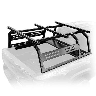 Image of the black OVS Discovery Rack, a heavy-duty truck bed rack with multiple crossbars and side mounting plates, shown from an angled front and side view on a white background