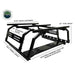Image of the black OVS Discovery Rack, shown from an angled view, highlighting key dimensions including its 22" total height and 59.5" overall length, and also showing the adjustable removable shelf