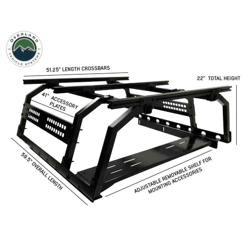 Image of the black OVS Discovery Rack, shown from an angled view, highlighting key dimensions including its 22" total height and 59.5" overall length, and also showing the adjustable removable shelf