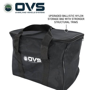 Image of OVS upgraded ballistic nylon storage bag with reinforced trims, black fabric with carry handles, angled front and side view on white background.