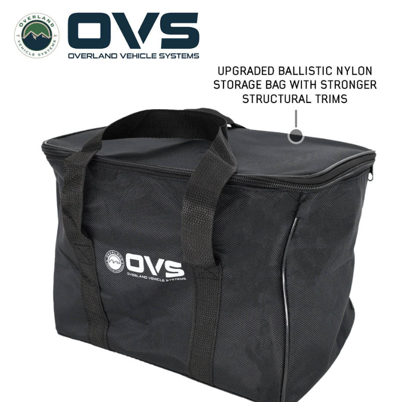 Image of OVS upgraded ballistic nylon storage bag with reinforced trims, black fabric with carry handles, angled front and side view on white background.