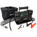 Image of OVS portable digital air compressor kit with dual motors, carry handle, digital display, air hose, clamps, accessories, and storage bag, angled front view on white background.