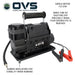 Image of OVS portable digital air compressor with single motor, carry handle, rubber isolator base, and battery clamps, angled front view on white background.