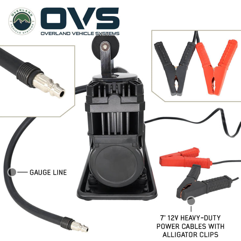 Image of OVS portable air compressor showing motor housing, gauge line hose fittings, and 7-foot 12V power cables with red and black alligator clips, angled detail views on white background.