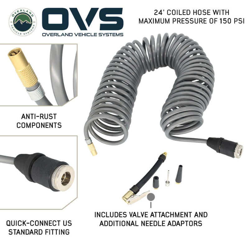 Image of OVS 24-foot coiled air hose with quick-connect fittings, anti-rust components, valve attachment and needle adapters, shown in multiple detail views on white background.