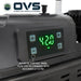 Image of OVS portable digital air compressor control panel with illuminated green PSI display and push-button controls, close-up angled view on white background.