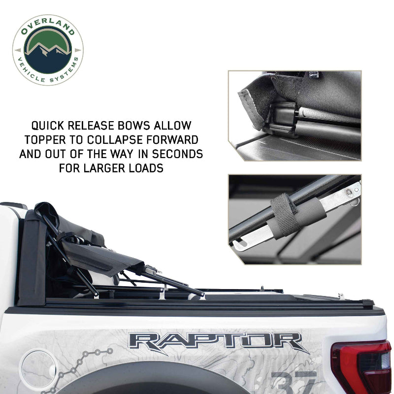 Image of the quick-release bows of the Explorer Soft Shell bed topper, shown collapsed forward on a white Ford Raptor truck bed. Inset images highlight the easy-to-use release mechanism and the secured position